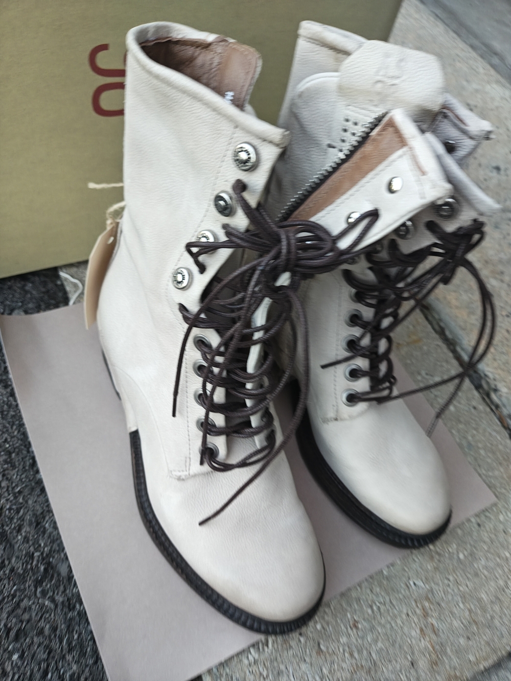 A.S.98 Cream Leather Lace-Up Combat Boots